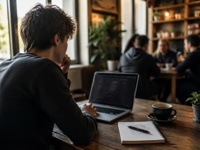 individual browsing dark web in a coffee shop