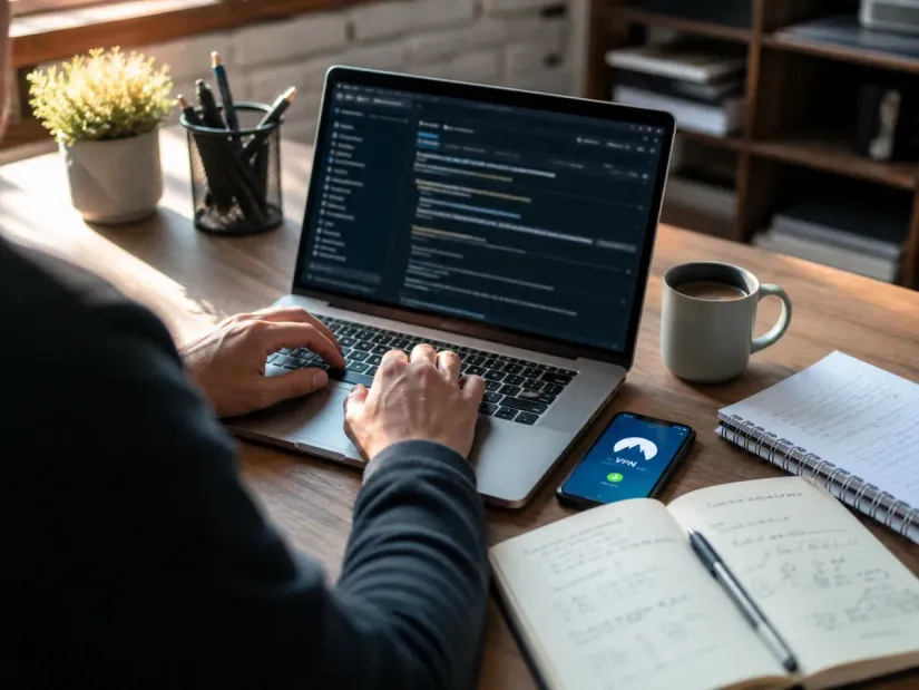 developer at desk with laptop and notes