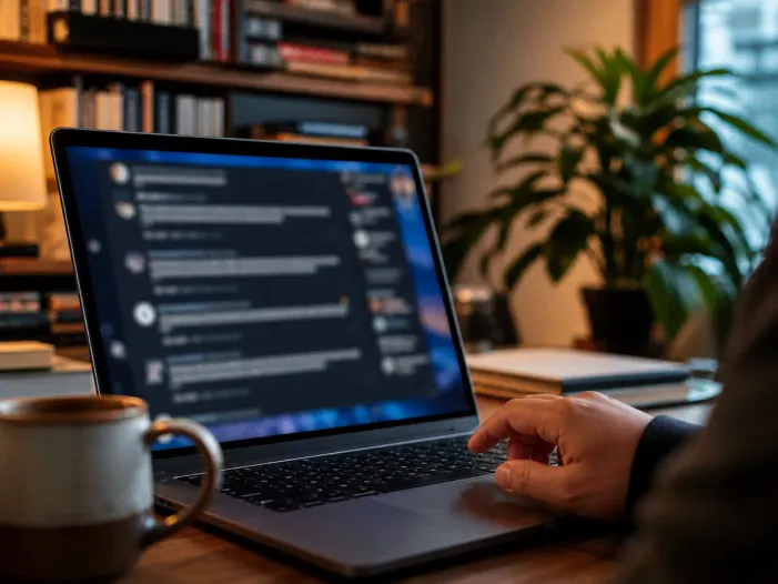Cozy home office with Reddit discussion on laptop