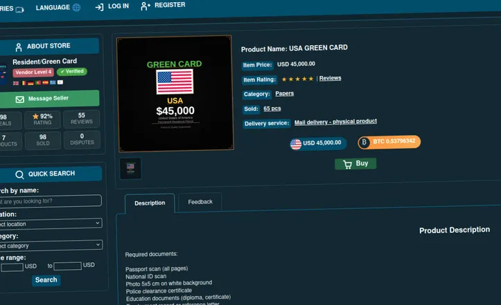 Dark web listing for a US green card