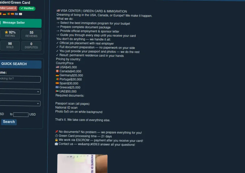 Dark web site selling fake green cards and passports