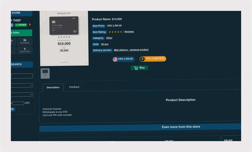Online store interface offering 'SERVICE BY THIEF'