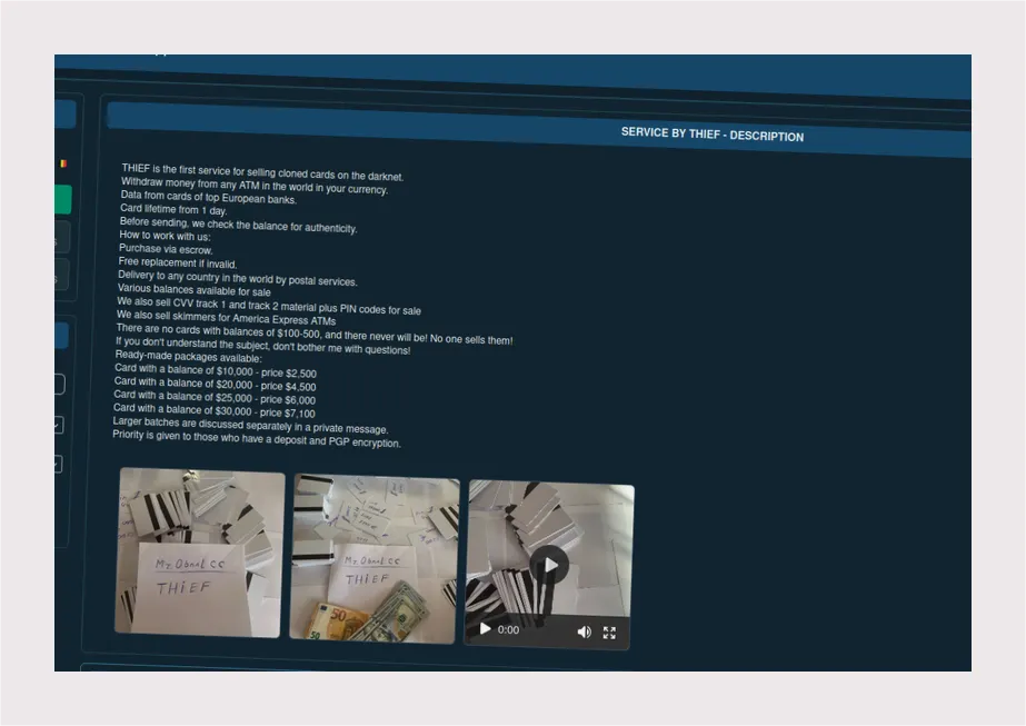 Screenshot of a dark web marketplace offering cloned cards for sale.
